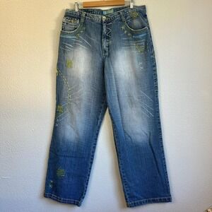 Y2K Miskeen Baggy Jeans Mens 36x32 Blue Excellent Embroidered Skater Hip Hop